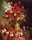 Cornflowers Canvas Paintings - Vase with Poppies Cornflowers Peonies and Chrysanthemums